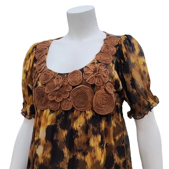 VINTAGE ECI Babydoll Tunic Top Mini Dress 10 L Appliques Rosette Ruffles Y2K - Picture 12 of 16